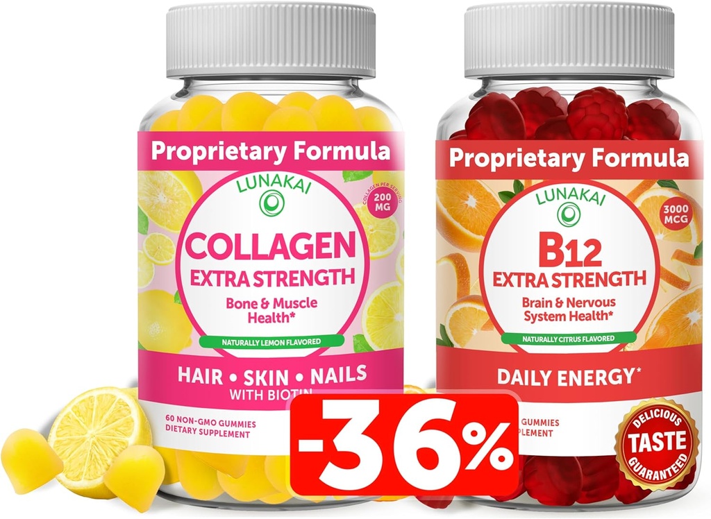 Lunakai Collagen & Biotin Gummies 번들 - 머리, 피부 및 유년한 외관을위한 비타민 - 남성 및 여성을위한 비 GMO 노화 방지 단백질 보충제 - 30 일 공급