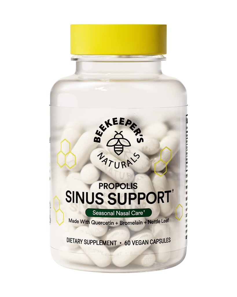 Beekeeper's Naturals 성인, 프로폴리스, Quercetin, Bromelain, Nettle Leaf, & Vegan 캡슐, 블록 또는 Suppresses Histamine, 60 ct와 계절적 인 치료 구호에 대한 모든 천연 Sinus 지원