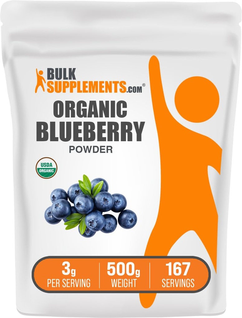 BulkSupplements.com 유기 블루 베리 분말 - 산화 지원, 블루 베리 보충 - Vegan & Gluten 무료, 서빙 당 3g, 500g (1.1 파운드) (팩 1)