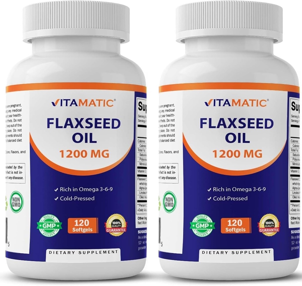 Vitamatic 2 팩 Flaxseed 기름 1200mg 120에서 찬 압박된 Flax씨 - 심장 건강을 개량하는을 위한 ALA 오메가 3 지방산의 675 mg