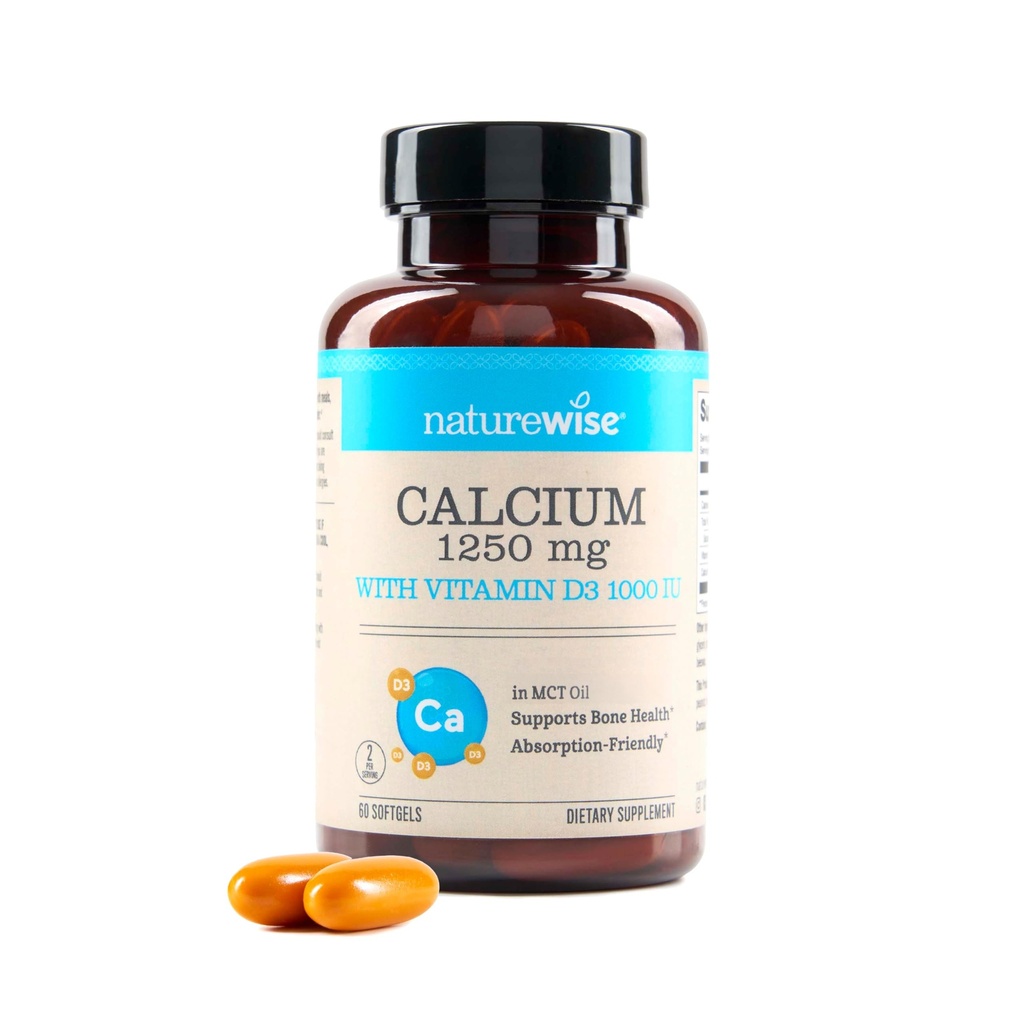 NatureWise 고순도, All-Natural 칼슘 1250mg + 비타민 D3 1000IU + 유기 MCT 코코넛 오일 - 임신 안전 + 비 GMO - 흡수 친절, 글루텐 무료 - 60 Softgels[30-Day 공급]