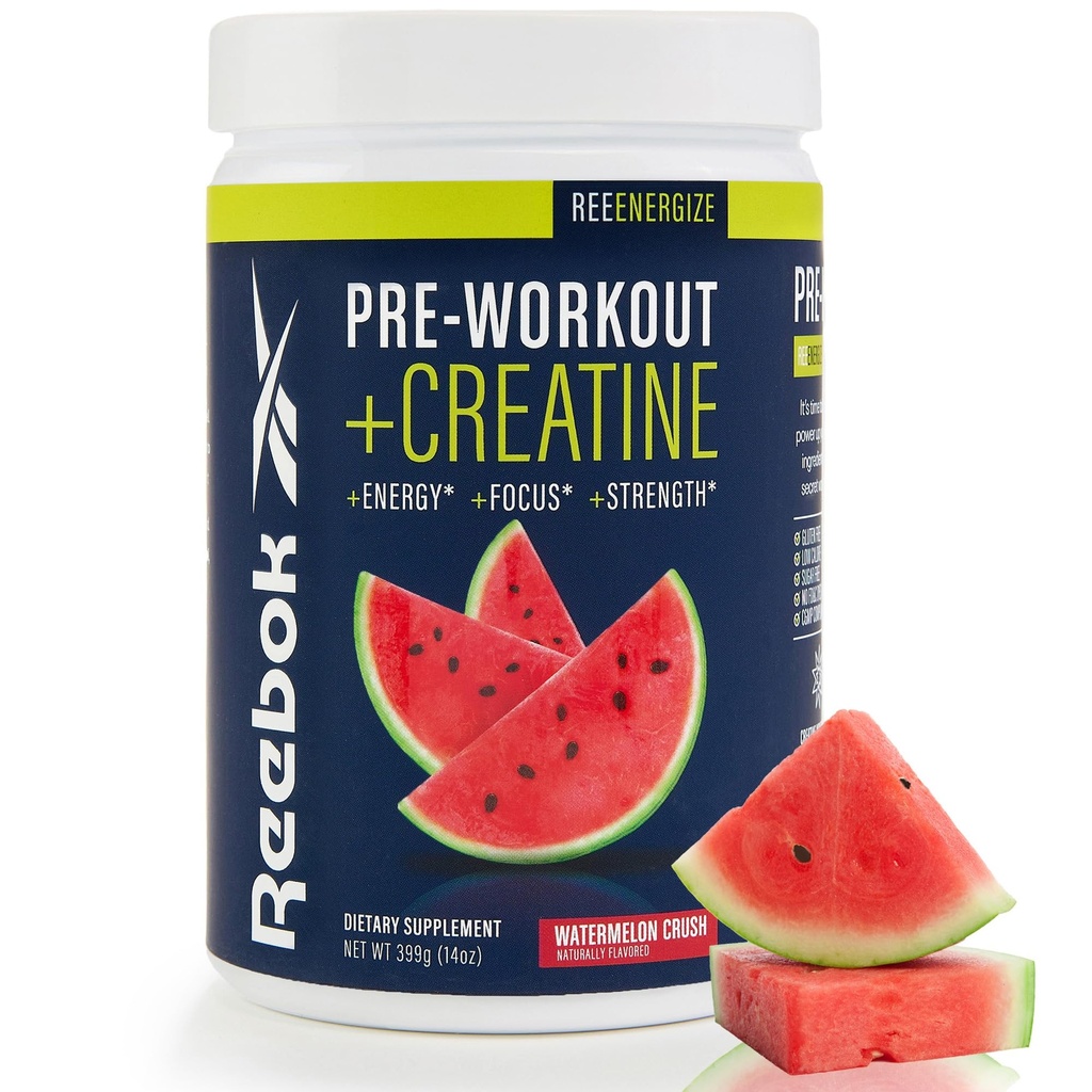 Reebok Pre-Workout Powder | 200mg Natural Caffeine, 3g Creatine Monohydrate | 고강도, 초점 및 펌프를 위한 청정 에너지 사전 운동 | Informed-Sport 인증 | ReeEnergize | Watermelon Crush