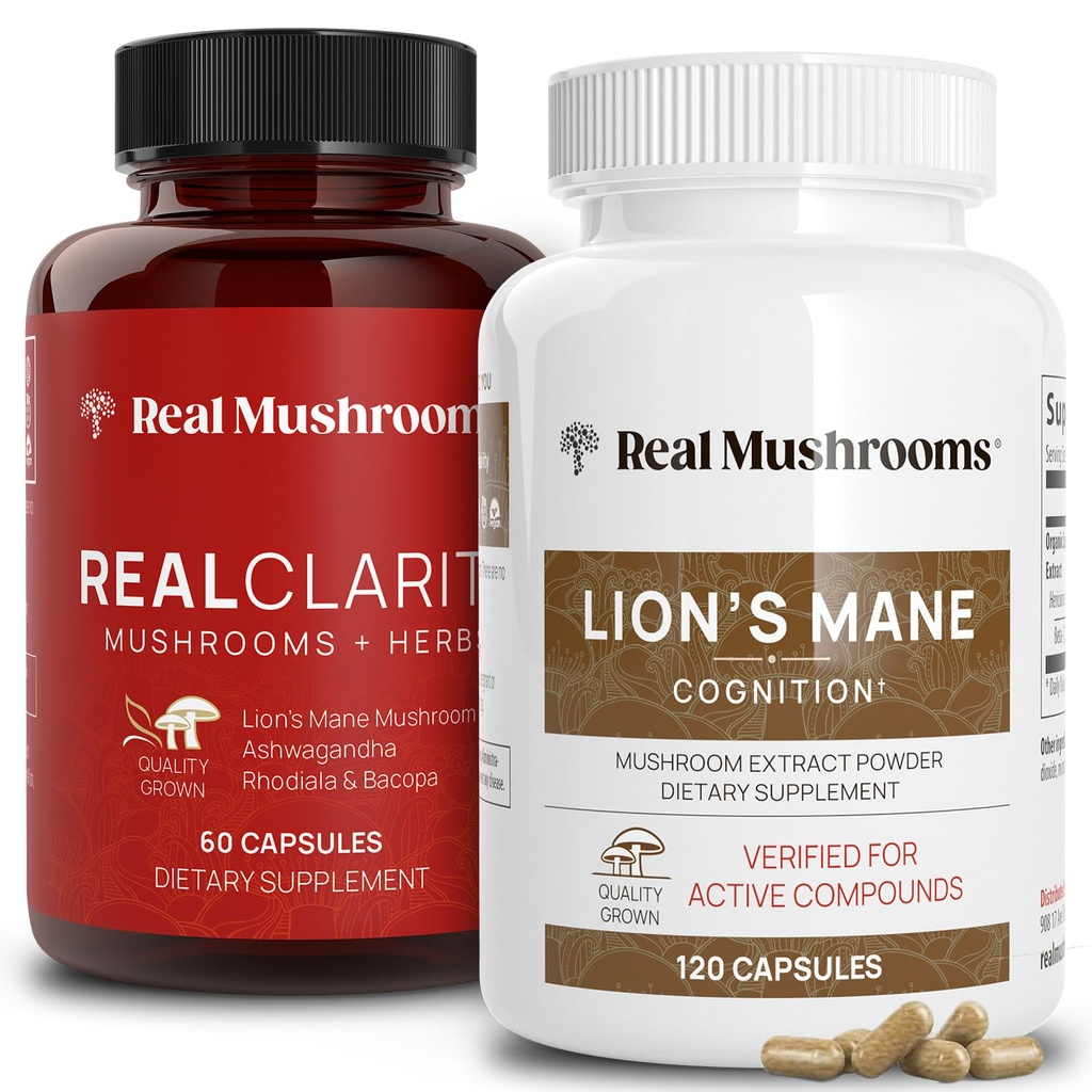 Real Mushrooms RealClarity (60ct) 및 Lions Mane (120ct) 캡슐 번들 - 뇌 건강, 정신 Clarity, 초점, Cognition & 면역 지원을위한 버섯 보충 - 두뇌 비타민 w / Ashwagandha
