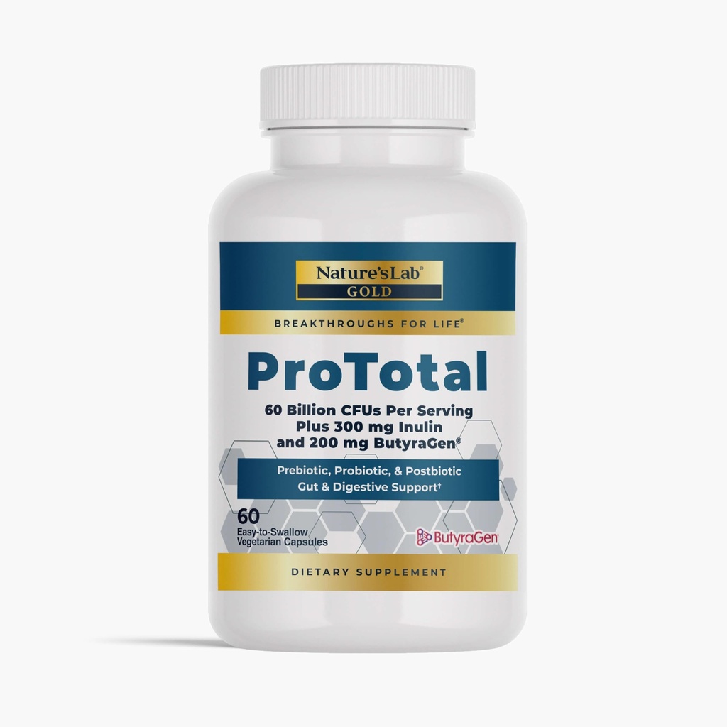 Nature's Lab Gold ProTotal - 60 억 CFU Probiotic, Prebiotic, Postbiotic, Synbiotic - Butyragen (직통 부틸레이터) 60 Ct