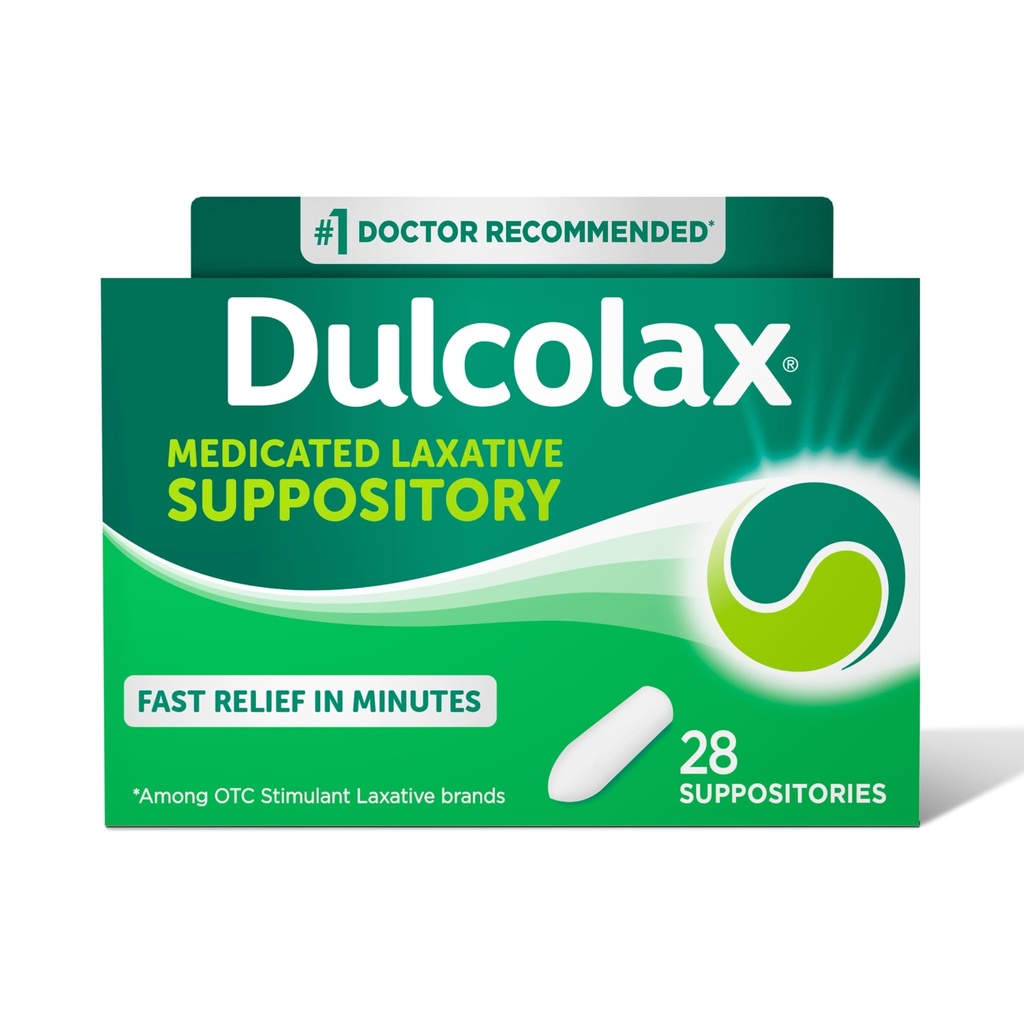 Dulcolax 자극제 Laxative Medicated 좌약, Predictable & 효과적인 변비 기복, Bisacodyl 10 mg, 28 조사, 자극제 Laxatives
