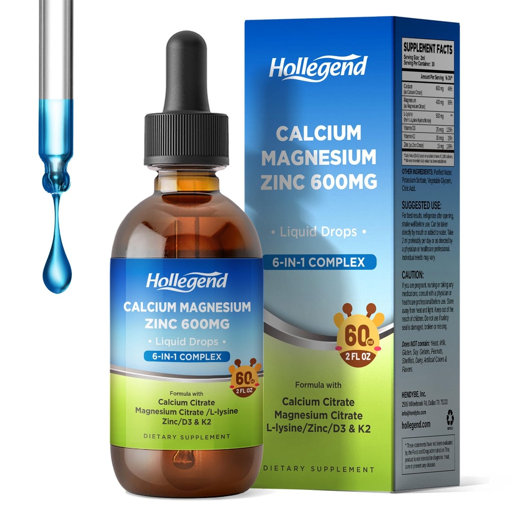 L-Lysine 500mg, 마그네슘 & 아연을 가진 액체 칼슘 구연산염 하락, 비타민 D3 & K2를 가진 칼슘 구연산염 600mg 보충교재 & 성인, 2 Fl Oz
