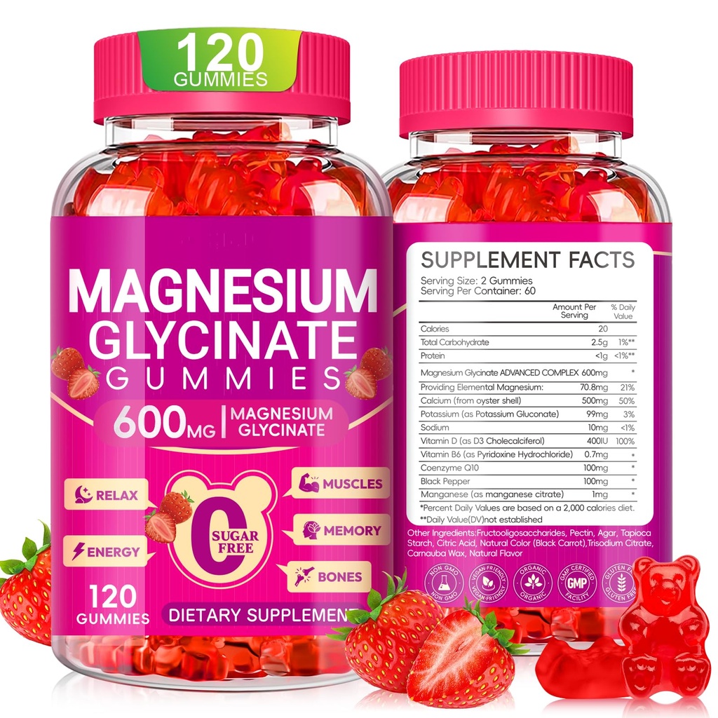 마그네슘 글리세린 Gummies 600mg의 무수한 설탕 마그네슘 마그네슘 Magnesium 글리세라이드, 비타민 D, B6 및 수면, 휴식, 두뇌 및 근육, 60 일 공급을 위한 CoQ10를 가진 마그네슘 구미