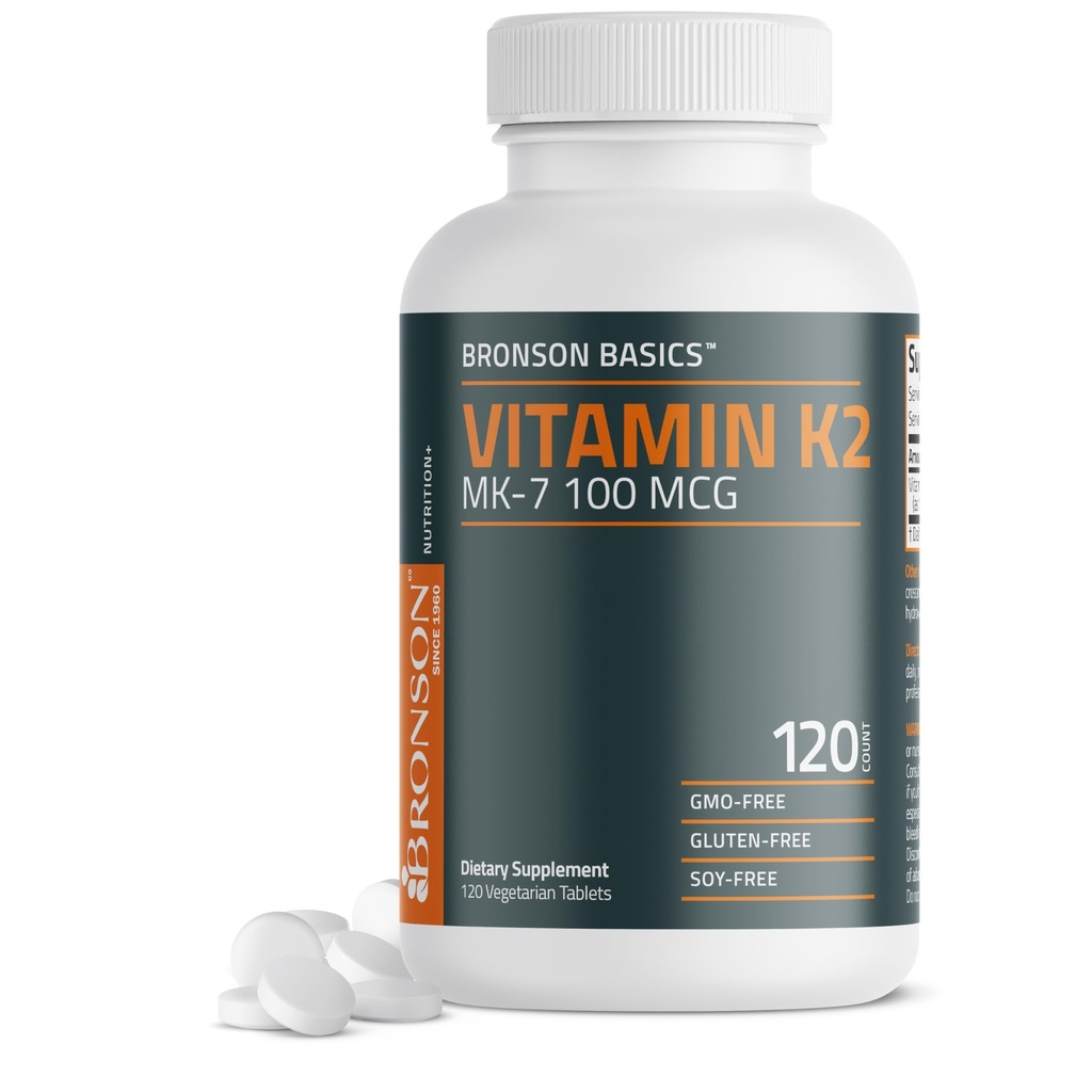 Bronson 비타민 K2 MK-7 100 MCG, MK7 Menaquinone로 K2, 뼈 지원 비 GMO, 120의 정제