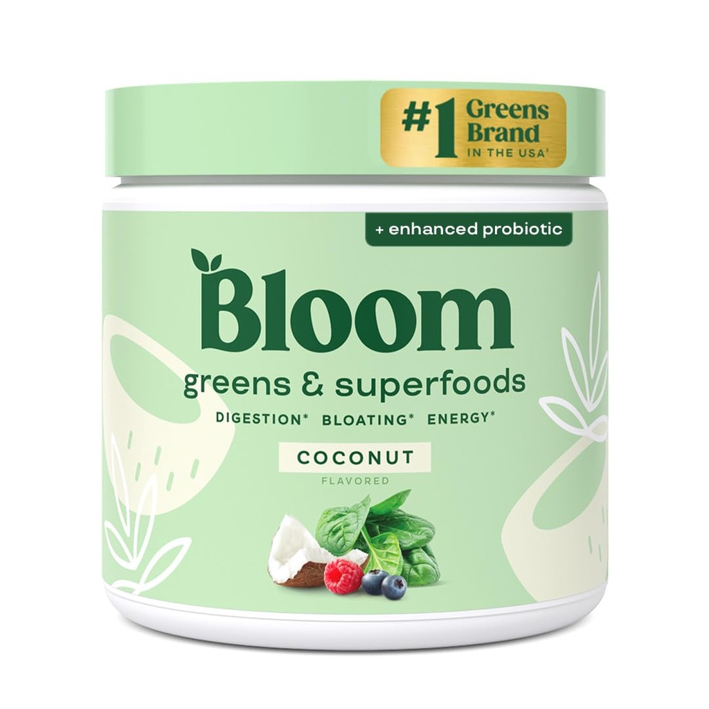 Bloom Nutrition Superfood Greens Powder, Probiotics 및 Prebiotics, Gut Health, 여성, Chlorella, Beet Root Powder, 30 SVG, 코코넛과 함께 녹색 주스 혼합을위한 부유 한 효소