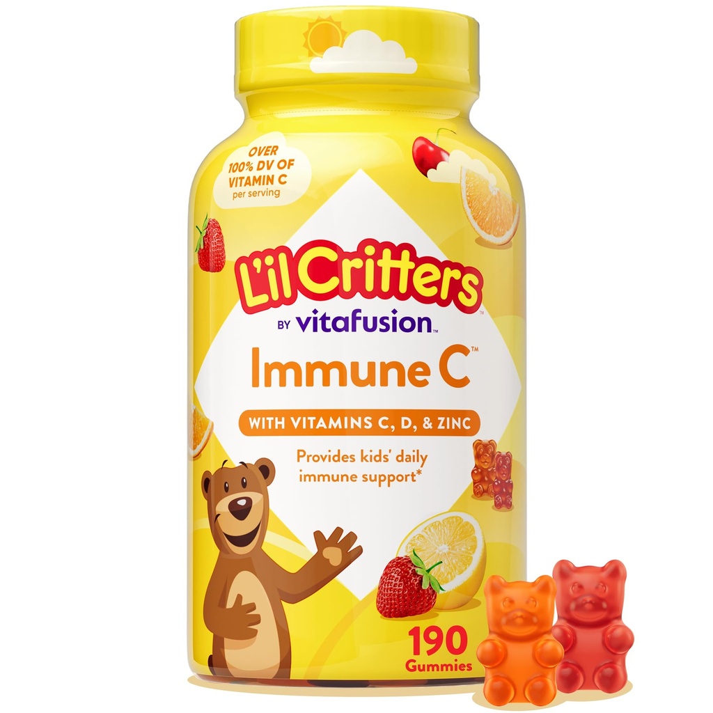 L'il Critters Immune C Daily Gummy Supplement Vitamin for Kids, 비타민 C, D 및 아연 Immune 지원, 오렌지, 레몬, 딸기 및 체리 맛, 190 구미 (포장 월병)