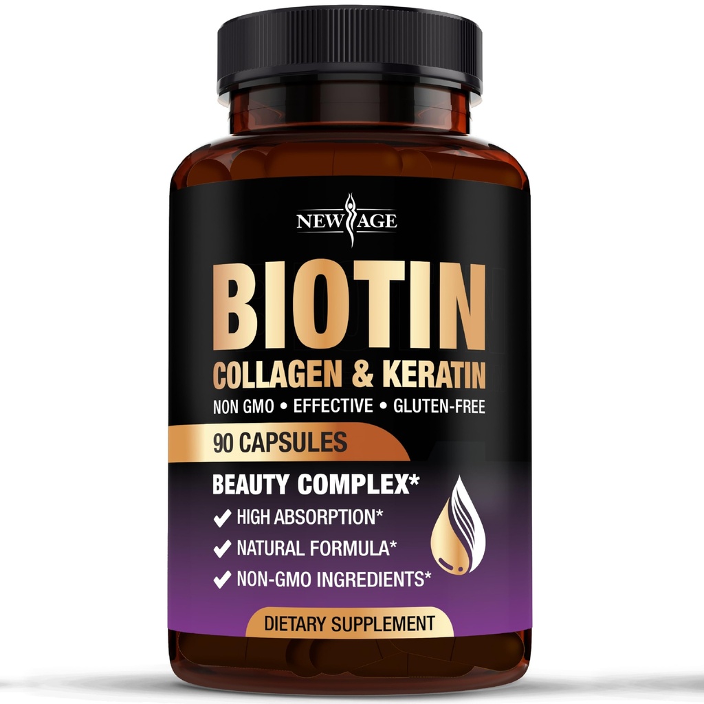 새로운 AGE Biotin Collagen Keratin Hyaluronic 산 - 남자와 여자를 위한 50,000mcg 머리 성장 비타민, 못, 머리, 피부 비타민 및 DHT 차단제 비타민 E Folic 산 호박씨 MSM - 90 조사