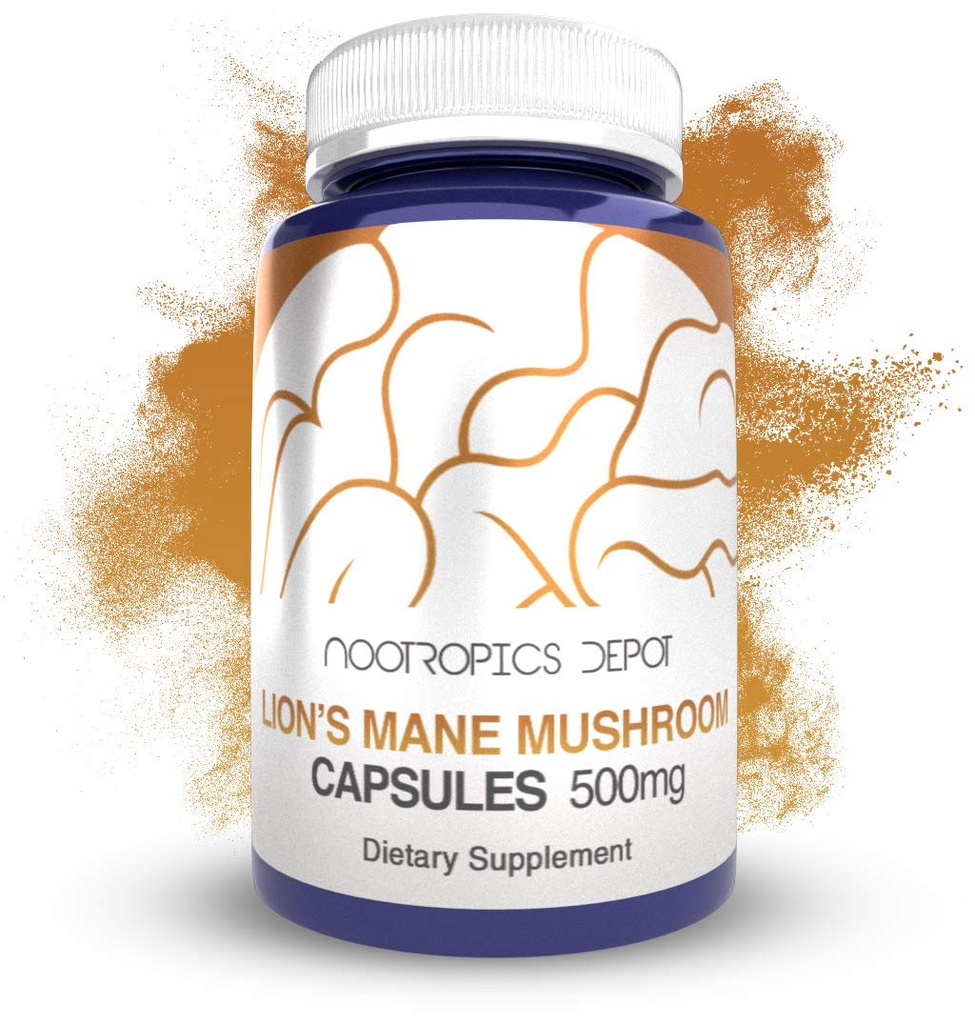 Nootropics Depot Lions Mane 버섯 캡슐 | 500mg | 60 Count | Hericium erinaceus | 전체 과일 바디 버섯 추출물 | 뇌 건강 보충교재 | Neuroprotective + Boost Mood