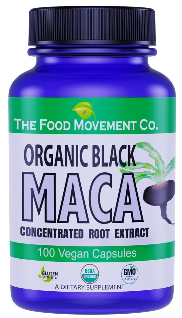 FOOD MOVEMENT CO. 블랙 마카 500mg 60 캡슐 - 유기, 비 GMO, 비건, 글루텐 프리-블랙 마카 뿌리 보충 전체 바디 웰니스