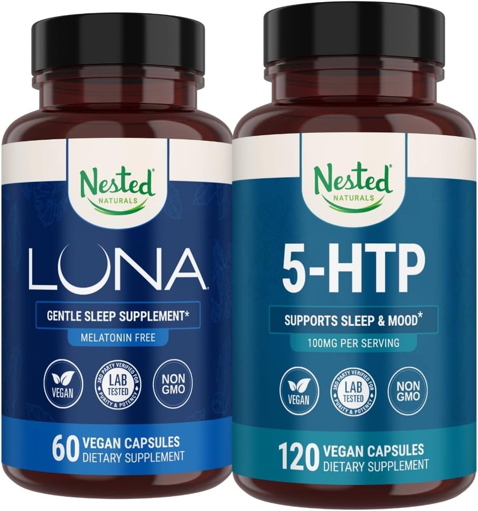 Nested Naturals Luna Melatonin-Free 수면 보충 (60 Vegan 캡슐) & 5-HTP 100mg (120 Vegan 캡슐) 향상된 수면, Relaxation & Mood