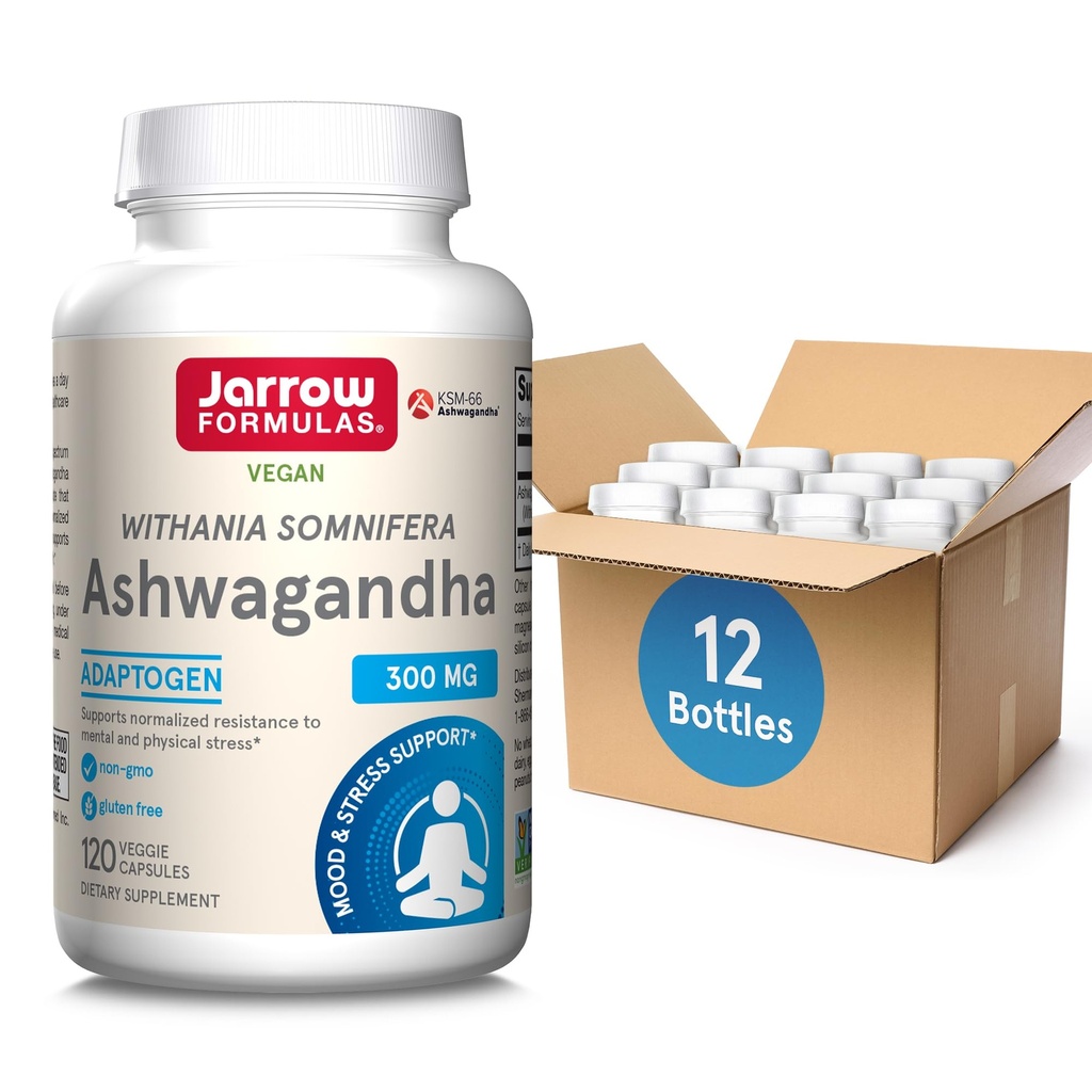 Jarrow Formulas Ashwagandha 300 mg - 120 Veggie 캡슐 - 피로에 대한 전반적인 건강 및 저항 - 보충 지원 내구시간, 근육 회복 및인지 건강 - 60 서빙 (12 포장)