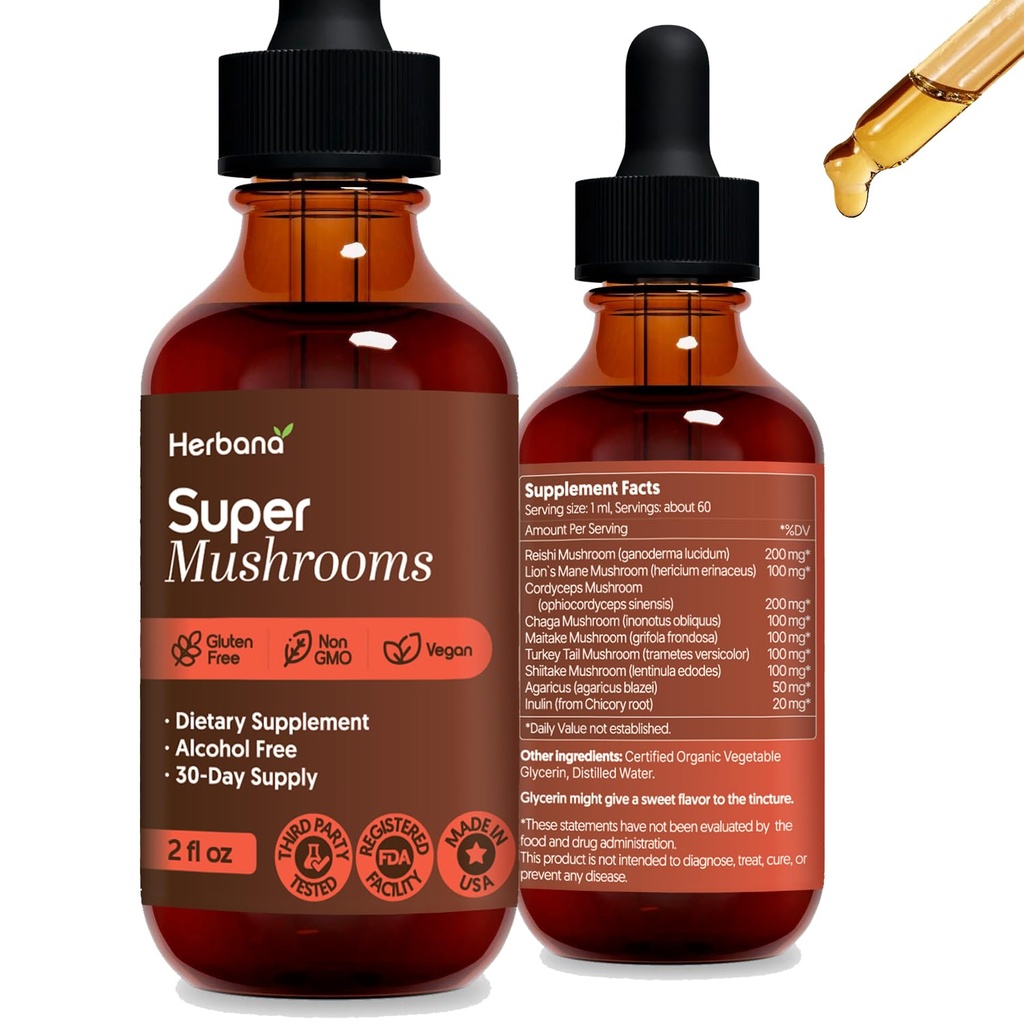 Super Mushrooms 8-in1 - 2 fl oz 액체 추출물 - 뇌 부스터 및 면역 지원 드롭 - Reishi, Lion`s Mane, Cordyceps, Chaga, Mitake, 터키 꼬리, Shiitake, Agaricus - 높은 효능 - 45 일 공급