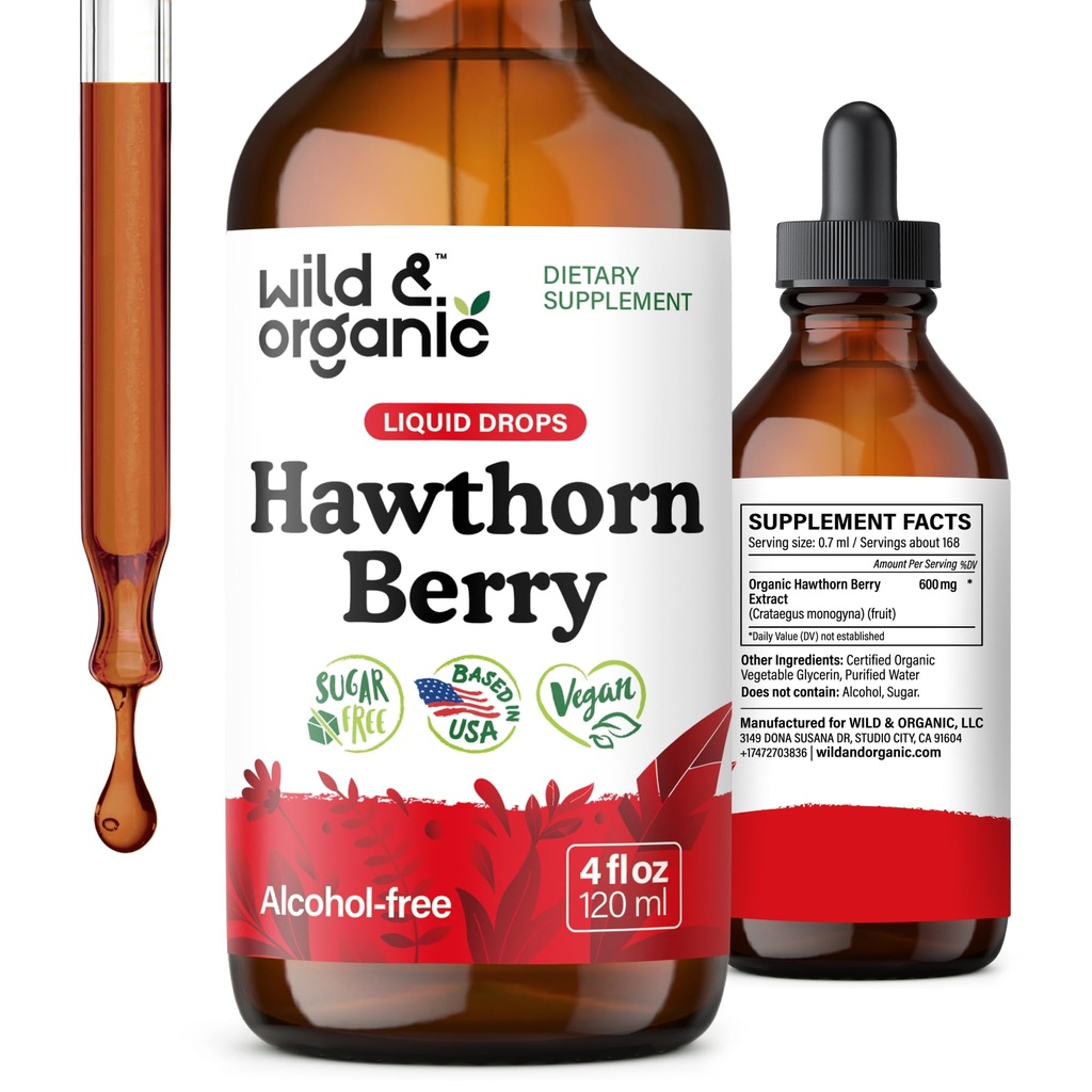 Wild & Organic Hawthorn Berry Tincture 600 mg - 전체 지원을위한 액체 Hawthorne Berry 보충 - Vegan, Sugar & Alcohol-Free Fruit Extract Drops - 4 fl oz