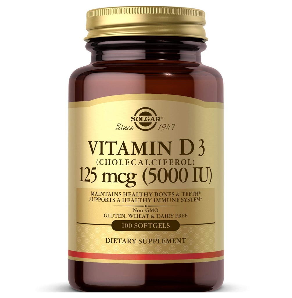 Solgar 비타민 D3 (Cholecalciferol) 125 MCG (5000 IU), 100 Softgels - 건강한 Bones & Teeth 유지 - 면역 체계 지원 - 비 GMO, 글루텐 자유로운, 낙농장 자유로운 - 100개의 서빙