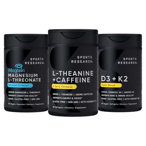 스포츠 연구 Magtein 마그네슘 L-Threonate 캡슐 (2000mg, 90 캡슐), Vegan 비타민 D3 + K2 w/Organic 코코넛 오일 (5000iu VIT. D 100mcg Mk7 VIT. K, 60 Softgels) 및 L-Theanine (200mg, 60 ct)