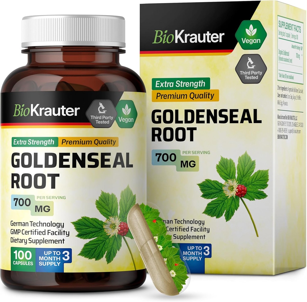 BIO KRAUTER Goldenseal 뿌리 캡슐 700 mg - 100 황금 물개 분말 모자 - 호흡 & 소화 지원 - 채권 없음