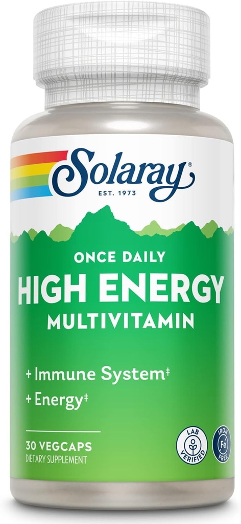 SOLARAY 매일 고에너지 Multivitamin, Iron Free, Immune System 및 Energy Support, 전체 식품 및 허브 기본 재료, 남성 및 여성 멀티 비타민 (30 인분, 30 VegCaps)