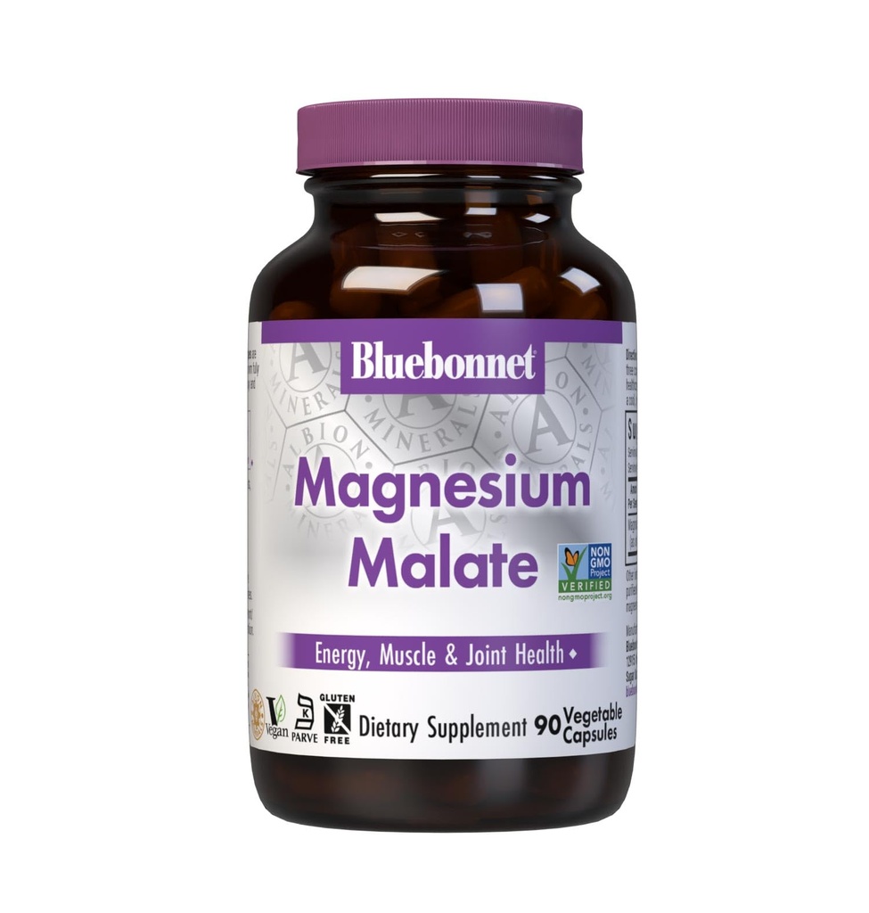 Bluebonnet Nutrition Magnesium Malate 식물성 캡슐 - 에너지, 근육 및 관절 건강 지원 - Non-GMO, Vegan, Kosher 인증, 글루텐 프리, 90 카운트