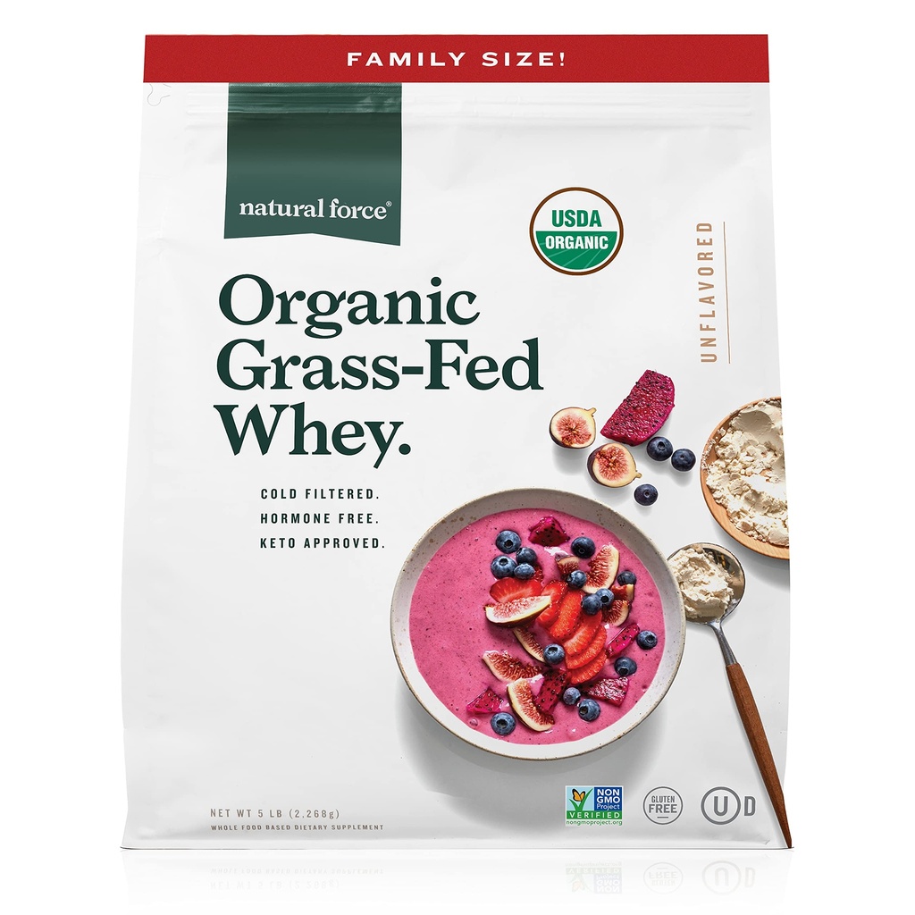 Natural Force Grass Fed Organic Whey Protein Powder – 비 GMO 인증, 인간 인증 및 실험실은 Toxins를 위해 테스트되었습니다. 순수하고 불쾌한 - Keto 친절하고 낮은 Carb 및 Kosher - 5 파운드 A2 Protein