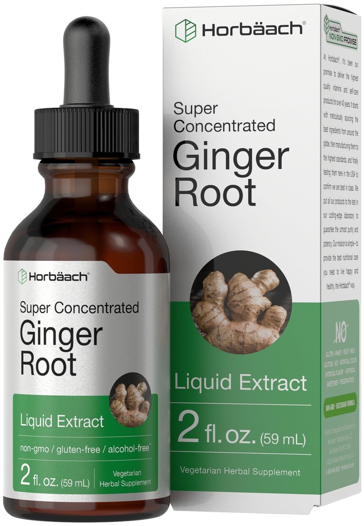 Horbäach Ginger Root Extract Liquid | 2 oz | 알코올 무료 보충 | 슈퍼 농축 | 채식주의, 비 GMO, 글루텐 무료