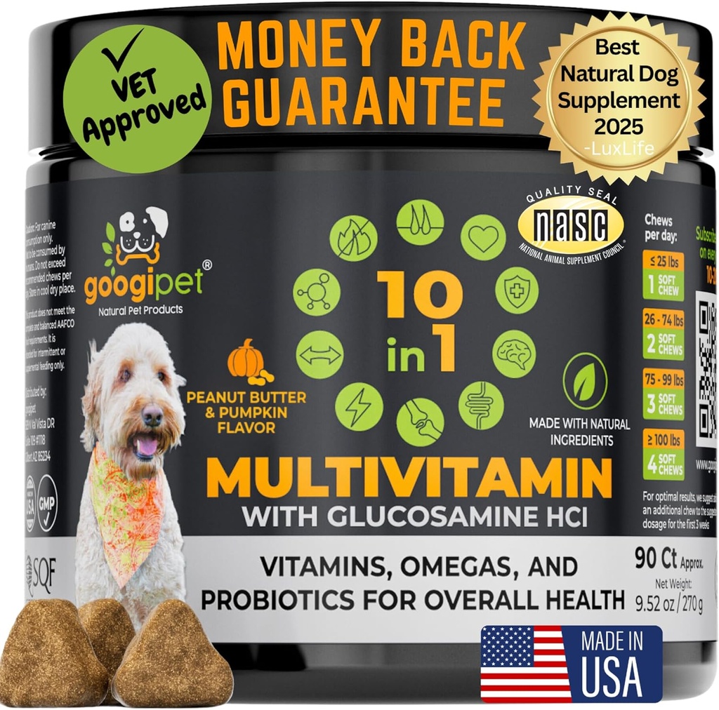 Googipet Premium 10 in 1 Dog Vitamins Multivitamin Chewable with Probiotics for Gut Health, Dog Vitamins and Supplements w/Vitamin C & Glucosamine for Joint Support (Peanut Butter & 호박 맛)