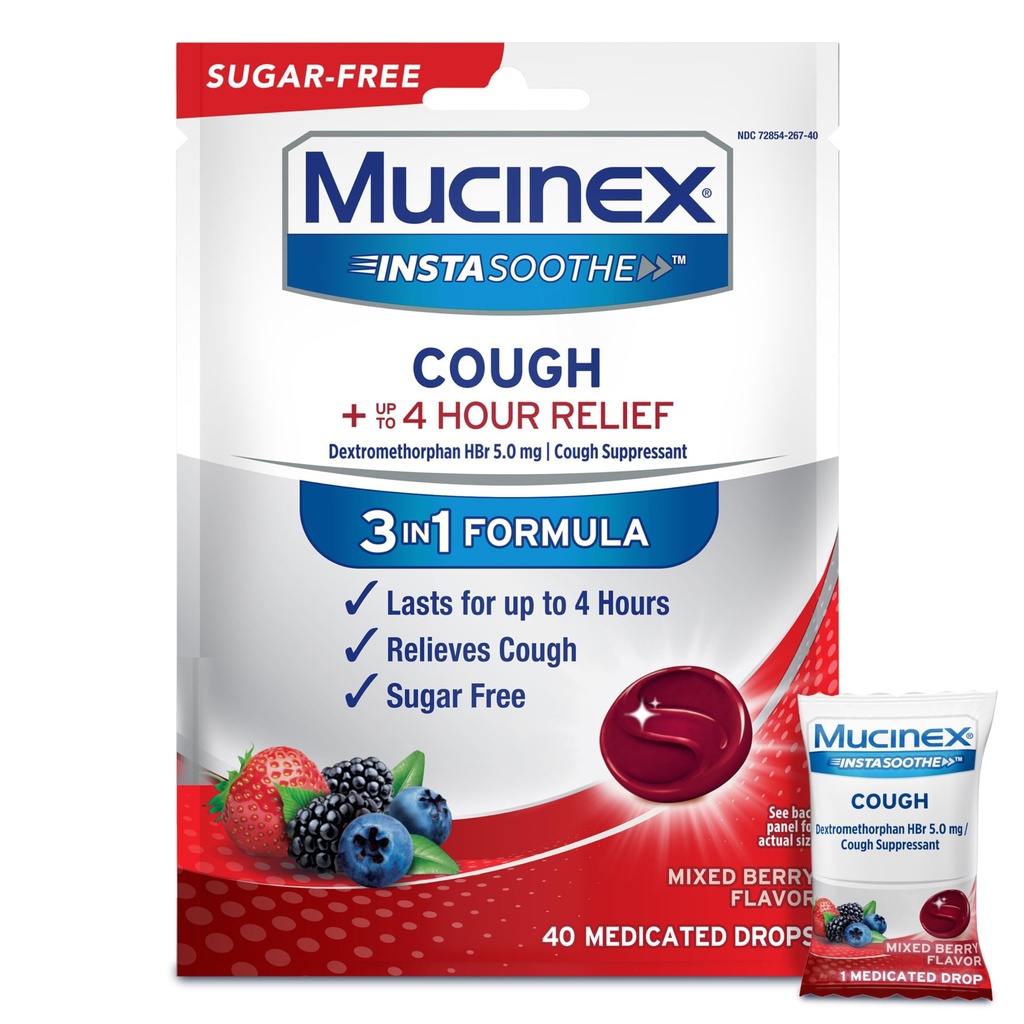 Mucinex Instasoothe Sugar Free Cough Drops, Dextromethorphan HBr, Non Menthol Cough Drops, Cough Suppressant Lozenges, 혼합 Berry Medicated Cough Drops, 40ct와 성인을위한 충분한 의학