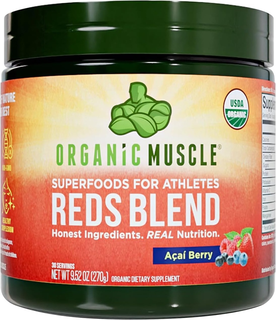 Organic Muscle Reds Powder | 카페인 무료 에너지 및 하트 지원 | Beet Root, Acai, Pomegranate & Antioxidants의 사전 운동 | Non-GMO, Vegan, 30 서빙