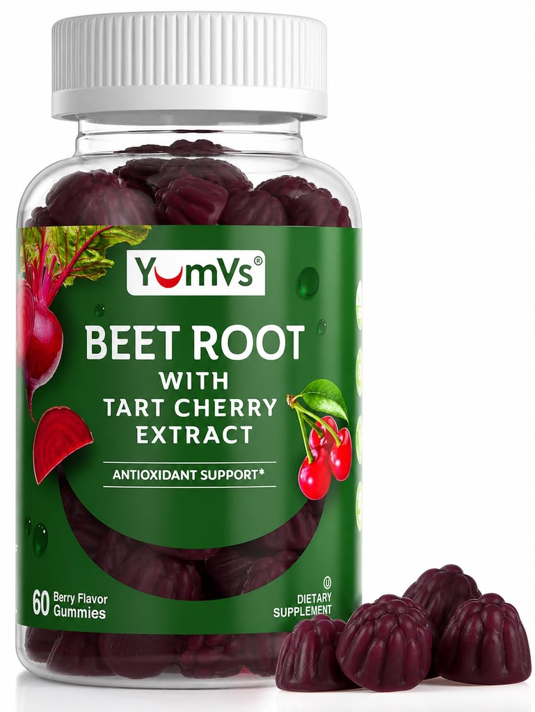 YUM-V'S Beet Root Gummies with Tart Cherry Extract - Berry 맛 Beetroot Gummies - 혈액 순환 및 산화 방지제 지원을위한 사탕 Chews - Red Beets Gummies (Berry 60 Count)