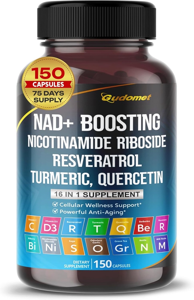 NAD + 부스트 Trans-Resveratrol Turmeric Quercetin Rosemary Bilberry Sage Green Tea Oregano Nettle Milk Thistle Black Pepper -150 캡슐 - 미국에서 만든