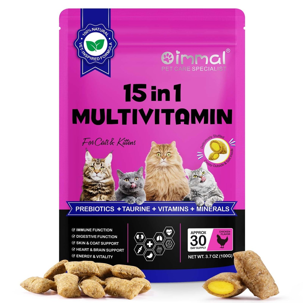 Cat Vitamins Treats, 15 in 1 Cat Multivitamin Chews Vitamins with Taurine, Omega-3s Fatty Acids, Prebiotics for Health, Bones, Joint, Skin & Coat, Digestion, Immune Support, (30 Day Supply)