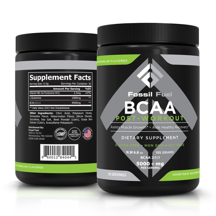 Fossil 연료 BCAA 설탕 자유로운 포스트 운동 분말 BCAA의 글루타민, 근육 회복, 내구시간 및 Hydration를 위한 아미노산 후에 비타민 B6, 희석수 수박 (30의 서빙)
