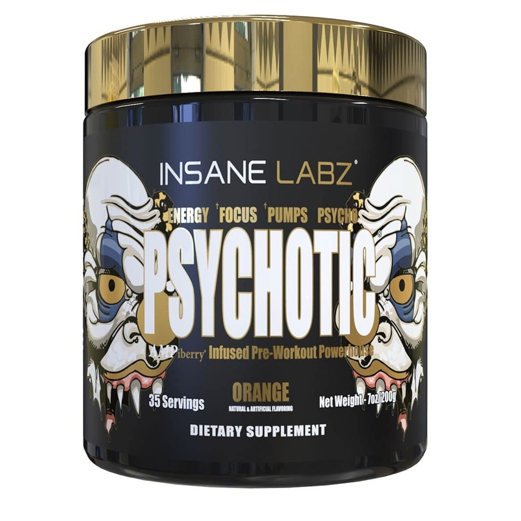Insane Labz Psychotic Gold, High Stimulant Pre Workout Powder, Extreme Lasting Energy Focus, Beta Alanine, DMAE Bitartrate, NO Booster (35 서빙, 오렌지)와 펌프 및 내구시간