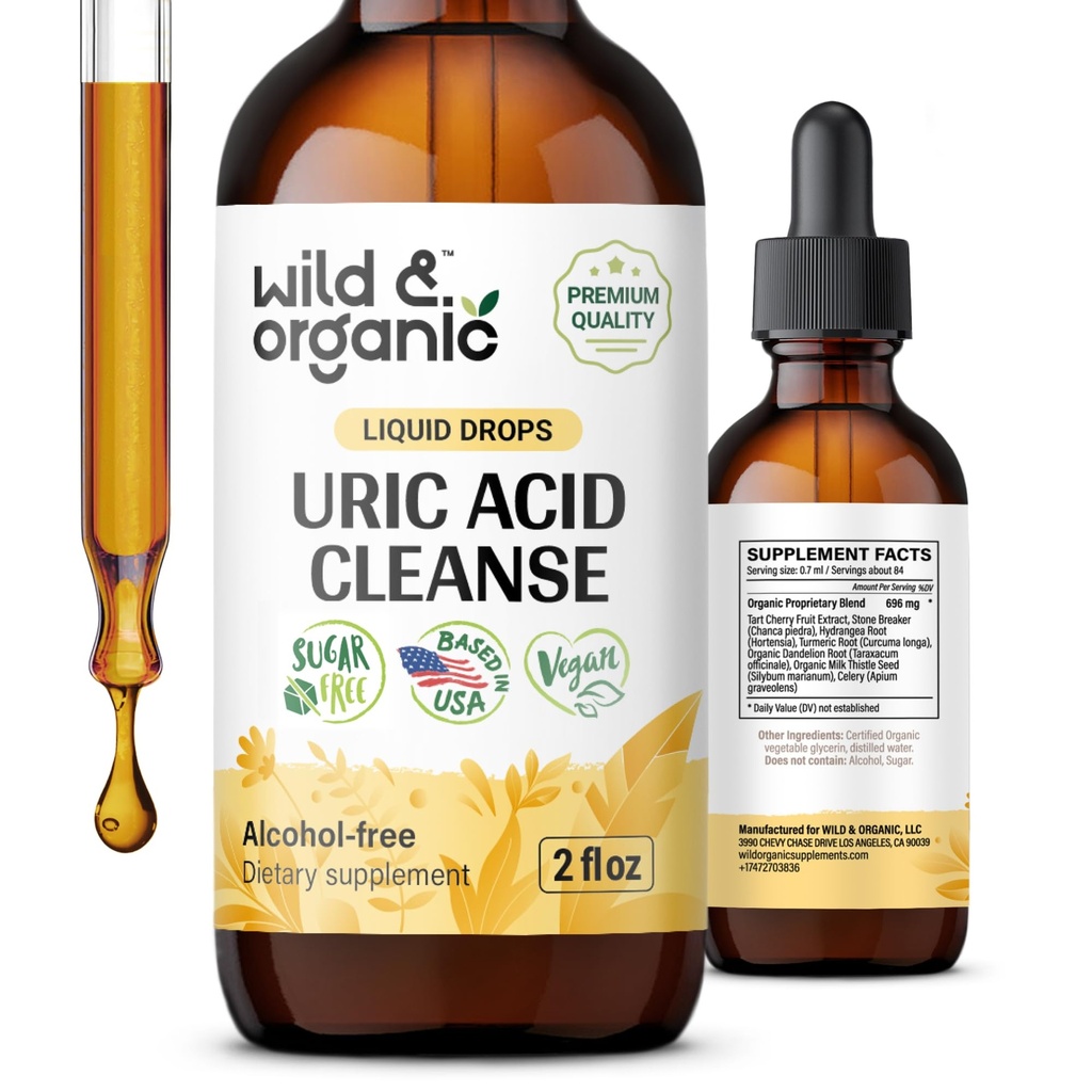 Wild & Organic Uric Acid Cleanse Drops - Tart Cherry, Turmeric, Chanca Piedra Stone Breaker Complex for Kidney Cleanse - 우릭산 지원 보충 - Vegan, Sugar & Alcohol-Free Tincture - 2 oz