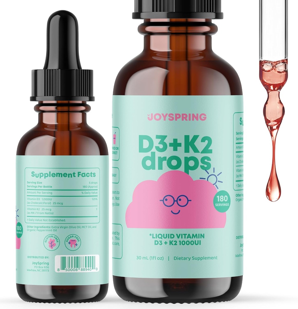 아이들을위한 K2 비타민 D가있는 JoySpring 액체 비타민 D3 - 아이를위한 면역 지원, Burdock Root & Elderberry와 함께 매일 Multivitamin 아이 면역 부스터와 천연 키즈 초점 보충 드롭