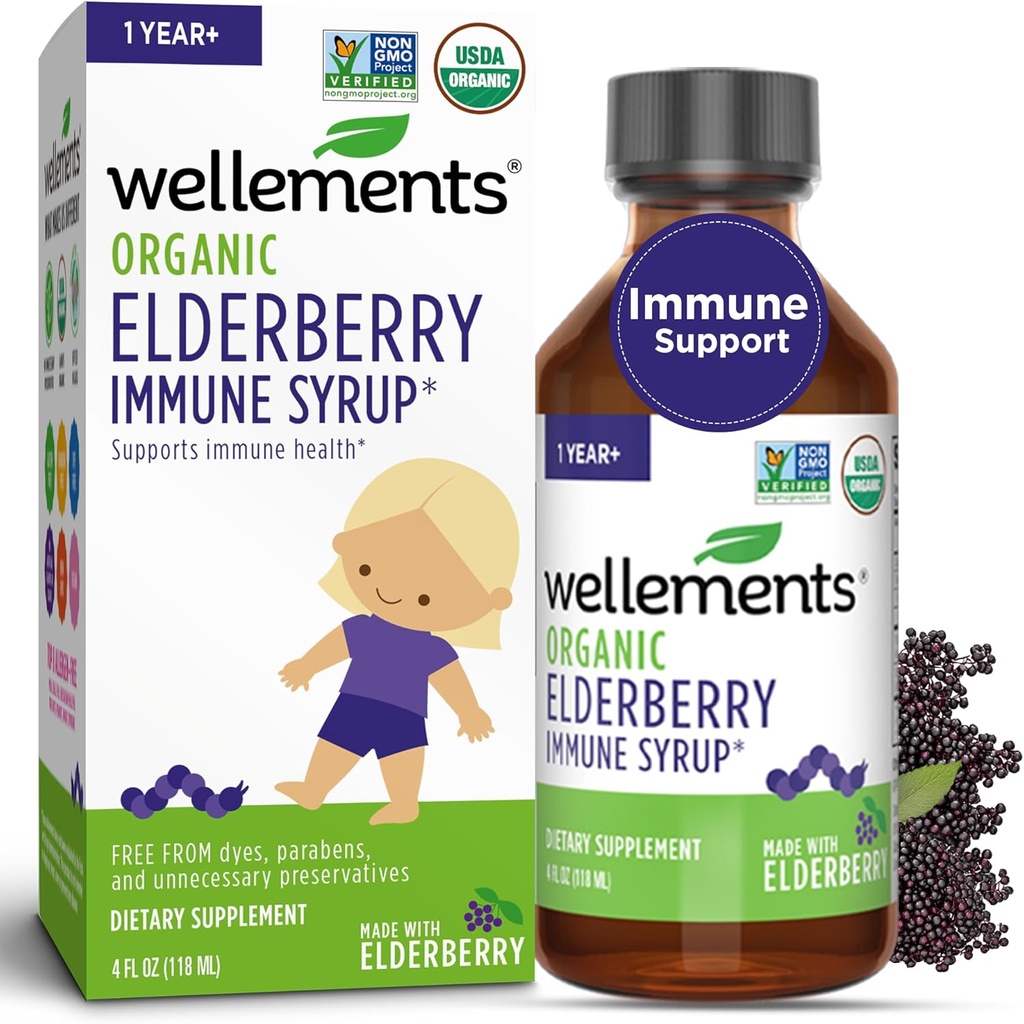 Wellements Organic Elderberry Syrup for Kids | 유기농 엘더베리, USDA 인증 유기농 및 비 GMO로 만든 아기 및 유아용 면역 건강 * 1 년 +, 4 Fl Oz