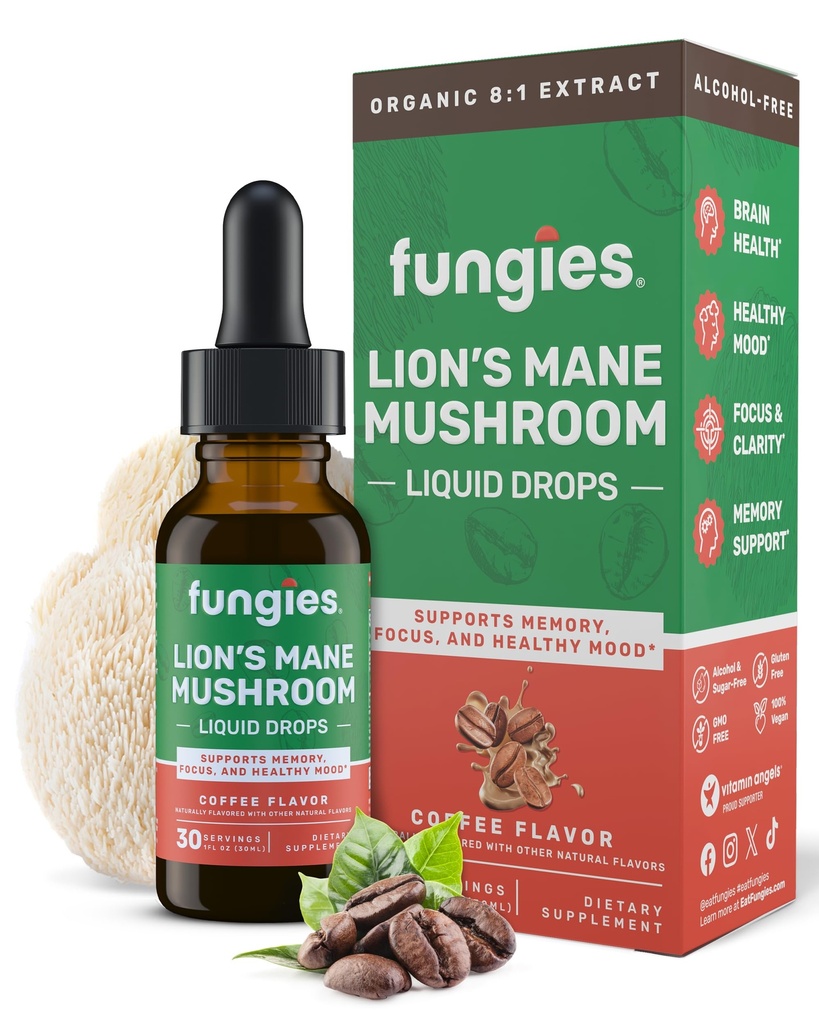 Fungies Lion 's Mane Mushroom Liquid Drops, Coffee - Lions Mane Extract와 Tincture는 Brain Fog, Focus, Memory & Healthy Mood를 지원합니다 - 성인을위한 버섯 복합 보충 - 30 서빙
