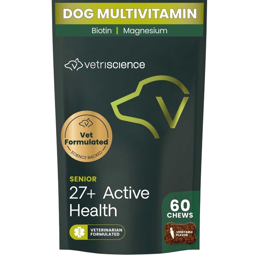 VetriScience 수석 27 + 활성 건강 Chews, Canine Plus Daily Multivitamin 수석 개, 균형 비타민, 미네랄 및 산화 방지제, 건강한 노화 및 웰빙 지원, Veggie, 60 조사
