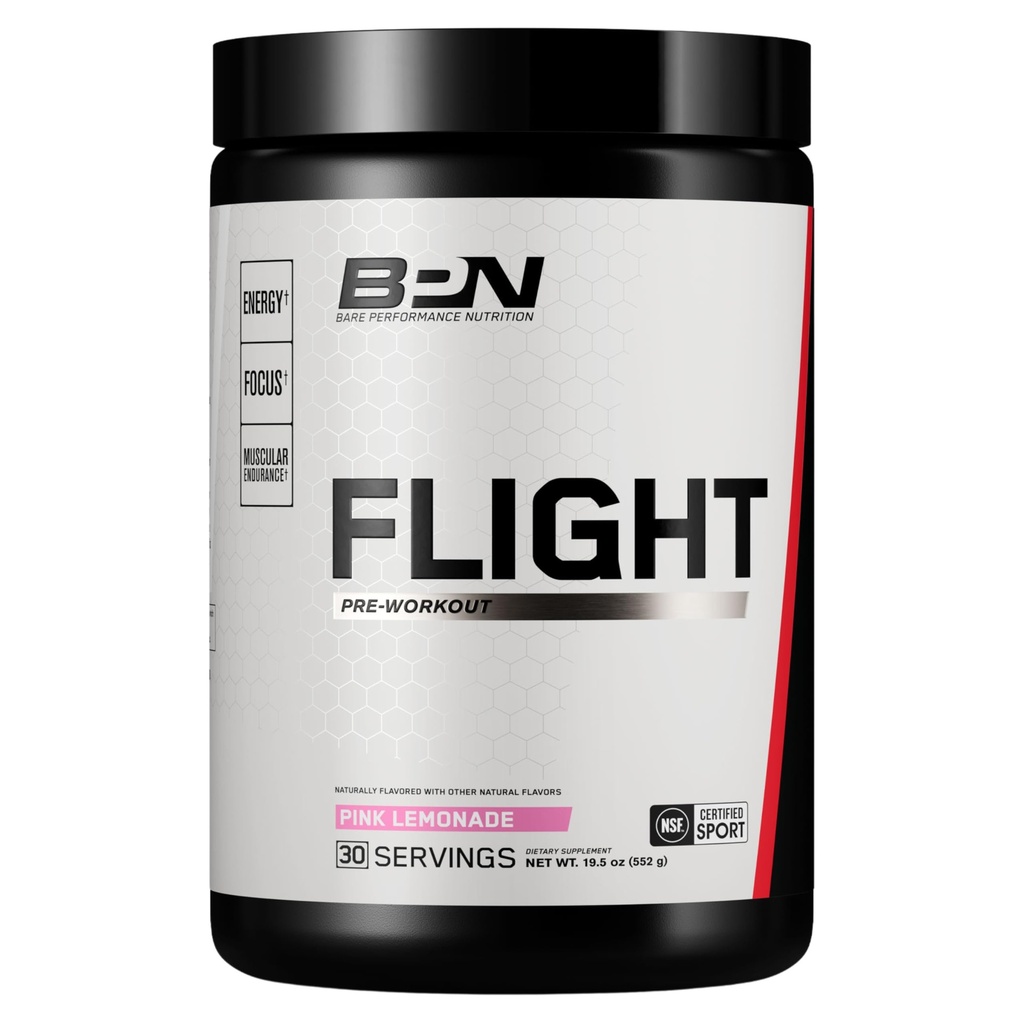 BARE PERFORMANCE NUTRITION BPN Flight Pre Workout, 에너지 및 정신 초점 지원, CarnoSyn® Beta Alanine, Pink Lemonade, 30 서빙과 Endurance 및 근육 펌프 개선