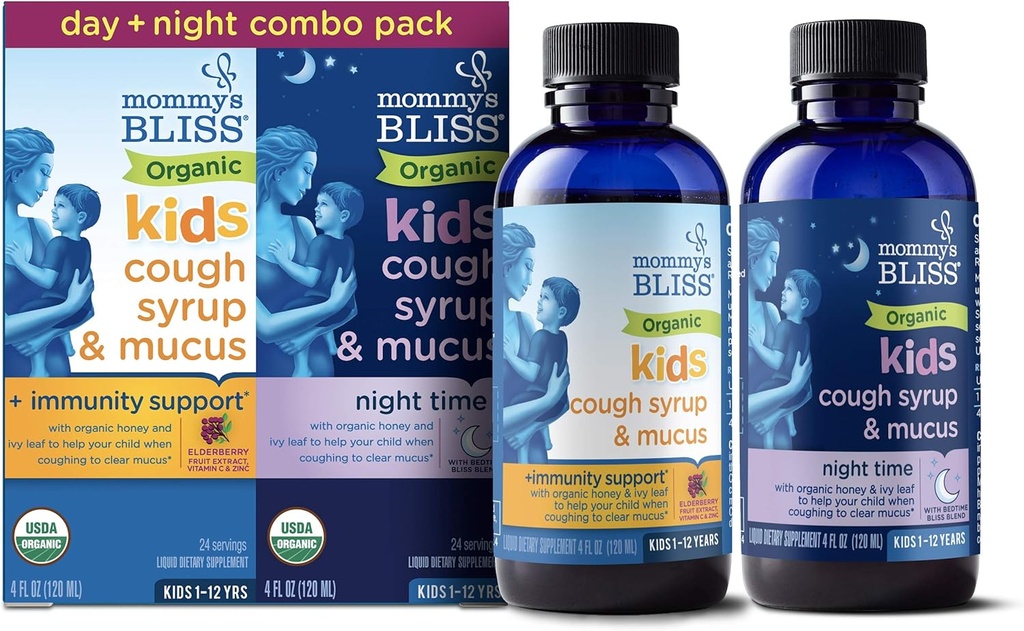 Mommy's Bliss Organic Cough Syrup & Mucus for Kids, Day and Night Combo Pack with Vitamin C and Immunity Support, 유기농 꿀과 아이비 리프 포함, 4 Fl Oz (패치 2)