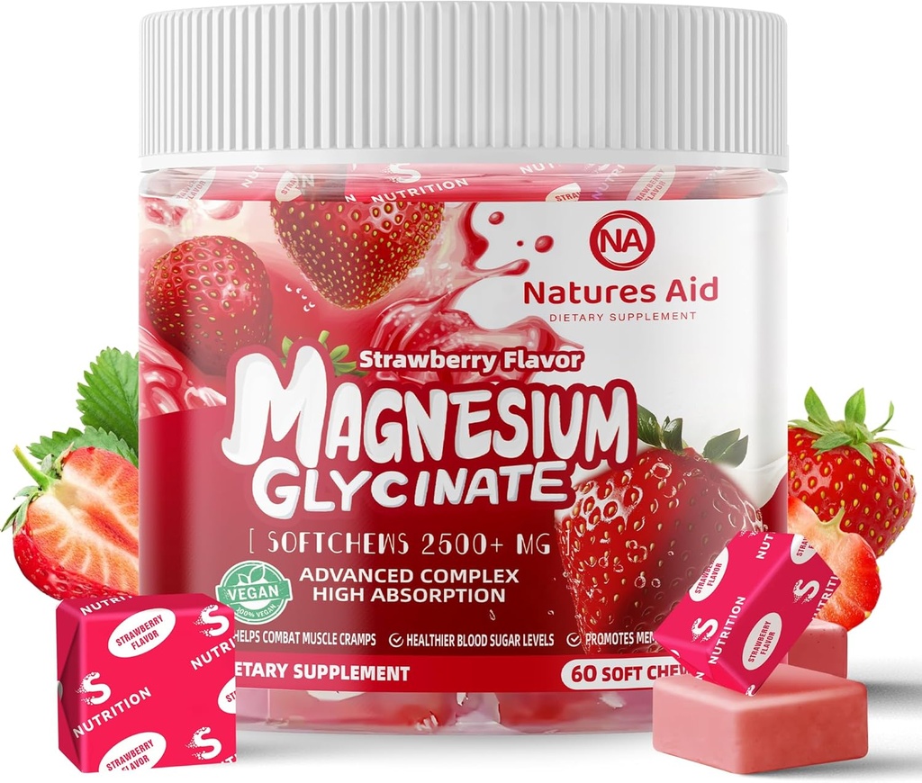 마그네슘 Glycinate 연약한 Chews, 딸기 풍미. 마그네슘 글리세라이드, 비타민 D, B6 및 CQ10 성인, 60 일 공급을 위한 Calm 지원 & 잠을 위한 CoQ10를 가진 Chewable 설탕 자유로운 칼륨 마그네슘 Chews