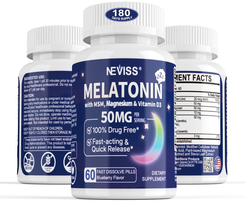 성인을위한 Melatonin 50 mg - 여분의 힘 9-in-1 빠른 용해 서브 언어 - w/Vitamin D3 & MSM, Relaxing Herbal Blend-Ashwagandha, Lemon Balm, Passionflower,Chamomile,Sugar Free, Vegan 180 서빙