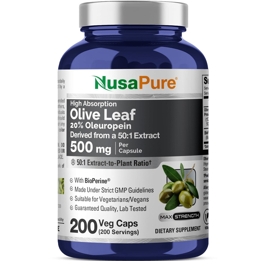 NusaPure 올리브 리프 20 % Oleuropein 50 : 1 추출물, 채식주의 및 채식주의, 비 GMO에 적합한 500 mg