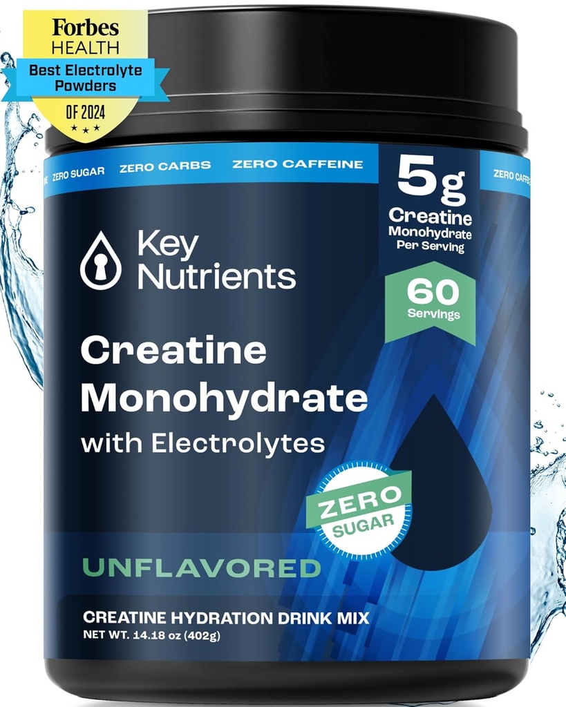 KEY NUTRIENTS Creatine Monohydrate 분말 + Electrolytes, 5000mg Creatine 분말, Micronized Creatine Monohydrate, Creapure Creatine - 60 미국제