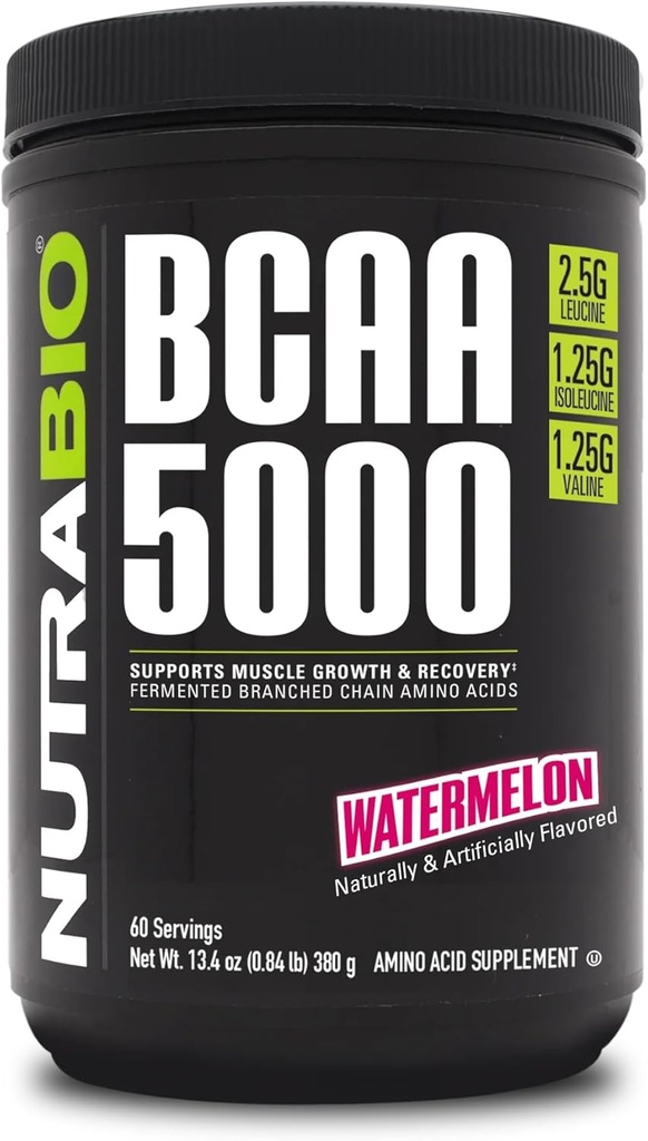 NutraBio BCAA 5000 분말 - 채식 발효 BCAA - Lean 근육 성장, 회복, 내구시간을 지원합니다 - 60 서빙 - 수박
