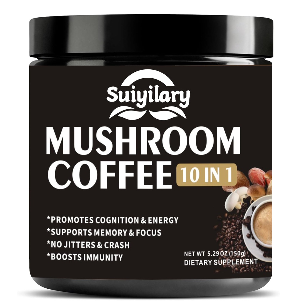 버섯 커피, 10 버섯 추출물 분말 혼합 사자 Mane, Reishi, Chaga, Cordyceps, 터키 꼬리, 에너지, 초점, 기억 및 Immunity 150g를 위한 즉시 커피를 가진 뇌 보충교재