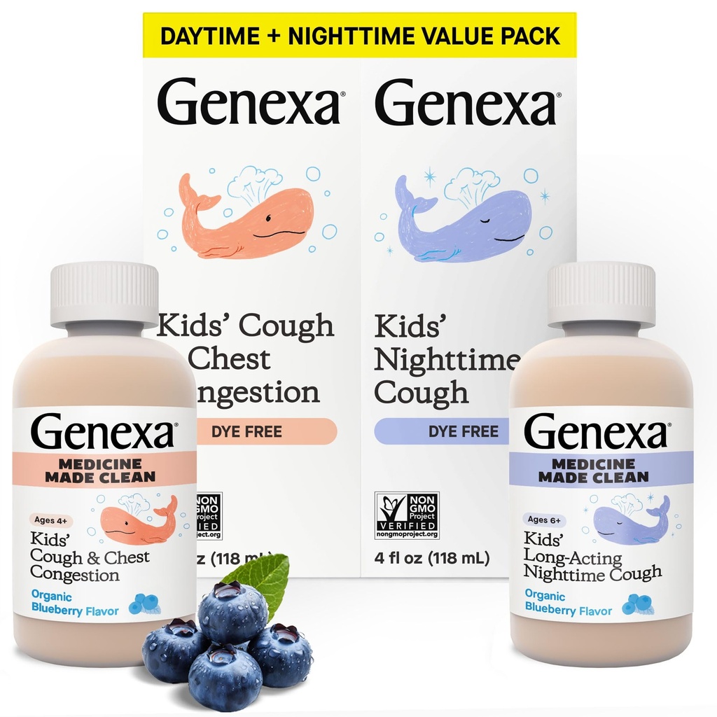 Genexa Kids' Clean Day & Night Cough Medicine, 염료 무료, 0% 인공 첨가제, 어린이 기침, 가슴 혼잡, Runny Nose & Sneezing Relief, Ages 6+, Organic Blueberry flavor, 8 fl oz (2 팩)